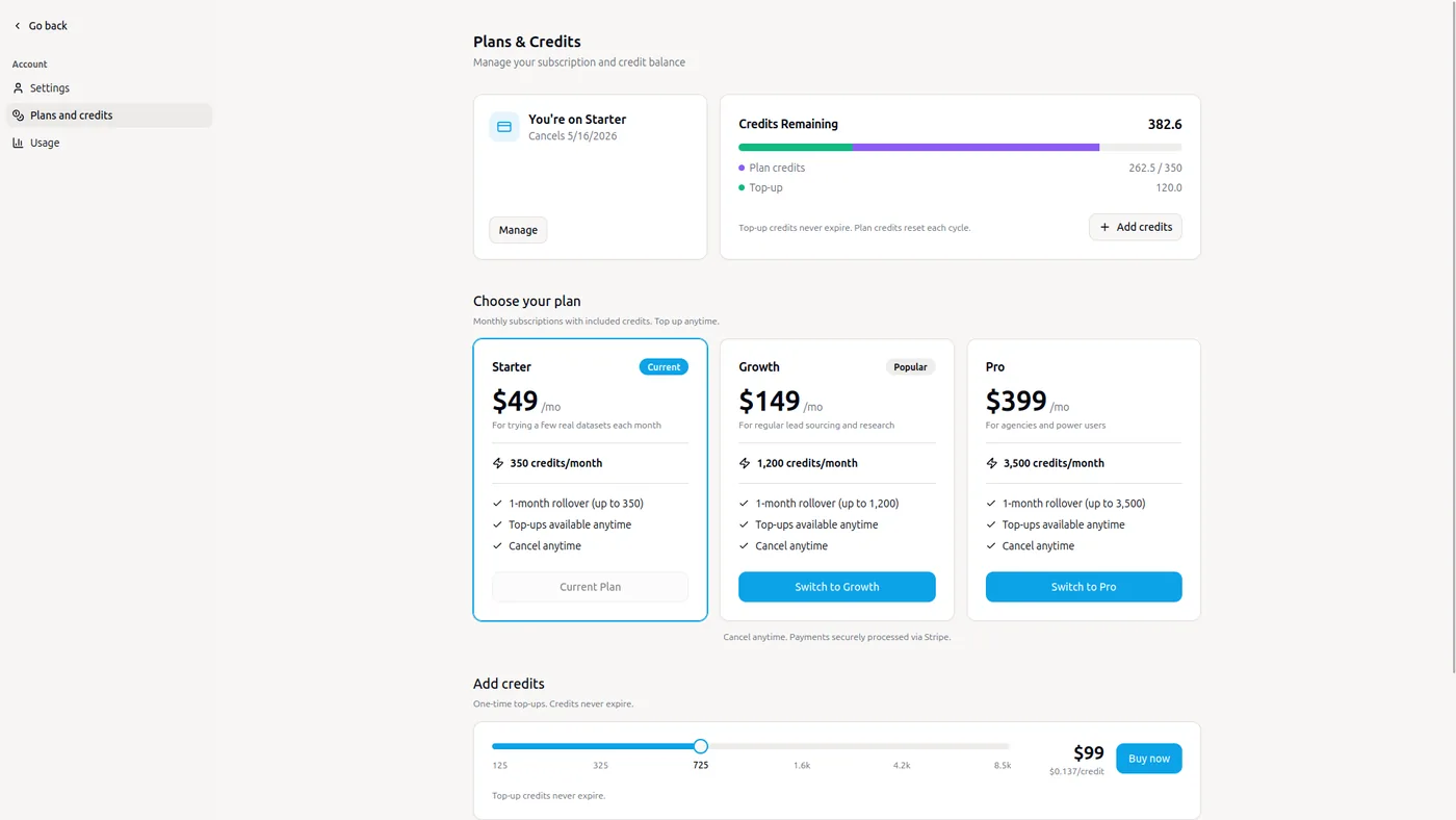 Plans and credits screen